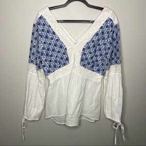 SUNDANCE Beach Casual Terrace Waves BOHO V Neck Blue White Large